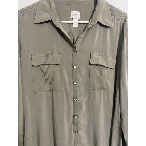Chico's 100% Rayon PETITE Size 2 Green Roll Tab Sleeve Button Up Top Tunic - Picture 2 of 7